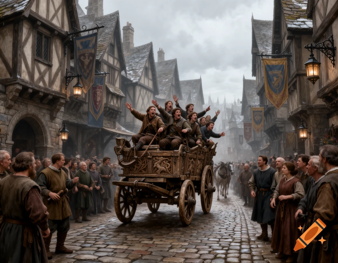 A lively photorealistic scene of people in a wooden cart cheering as they ride through a cobbled medieval fantasy town, surrounded by a crowd.
