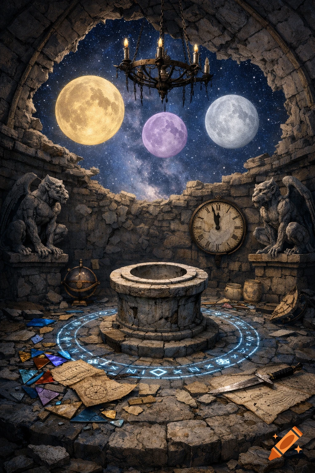 A ruined stone observatory under a starry night sky with three moons. Gargoyles guard a central well-like structure surrounded by glowing runes, scattered parchments, and a dagger.