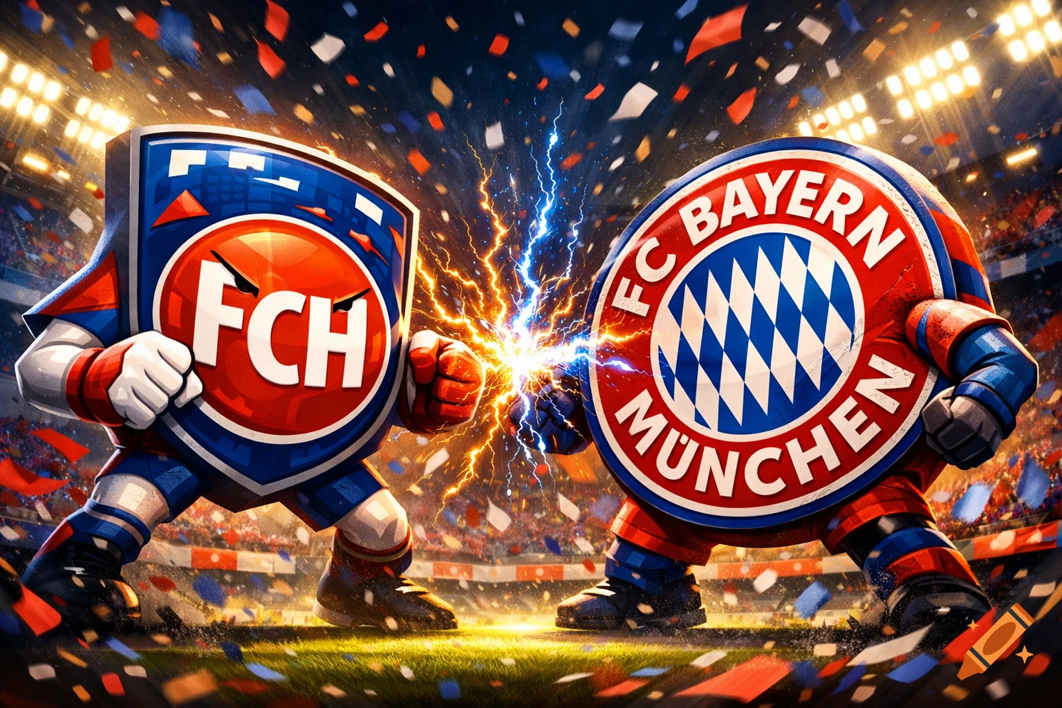 Stylized mascots representing FC Heidenheim and FC Bayern München logos clash with lightning, surrounded by confetti in a stadium.