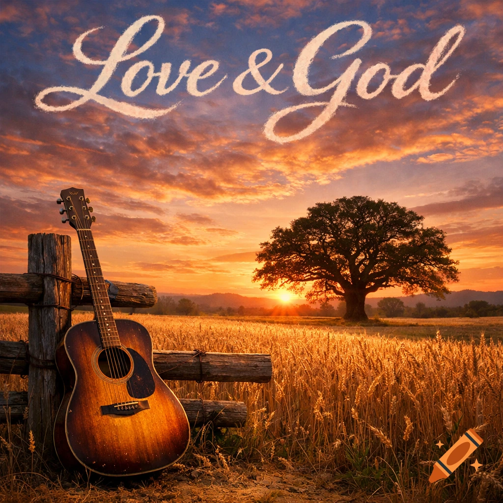 An acoustic guitar leans on a wooden fence post in a golden wheat field at sunset, with "Love & God" in the sky.