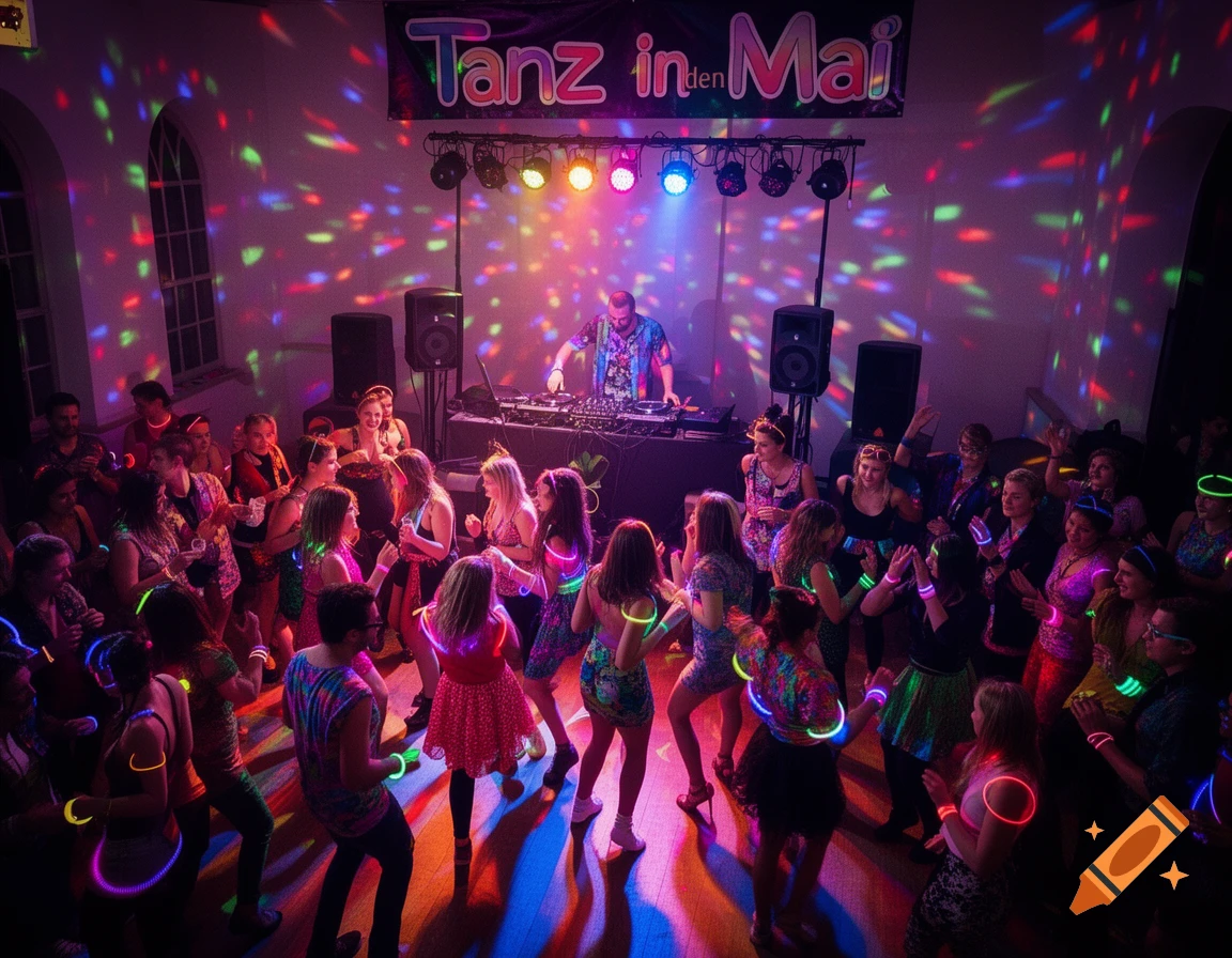 People dance at a vibrant disco party under colorful laser lights, with a DJ performing on stage and many attendees wearing glow sticks.