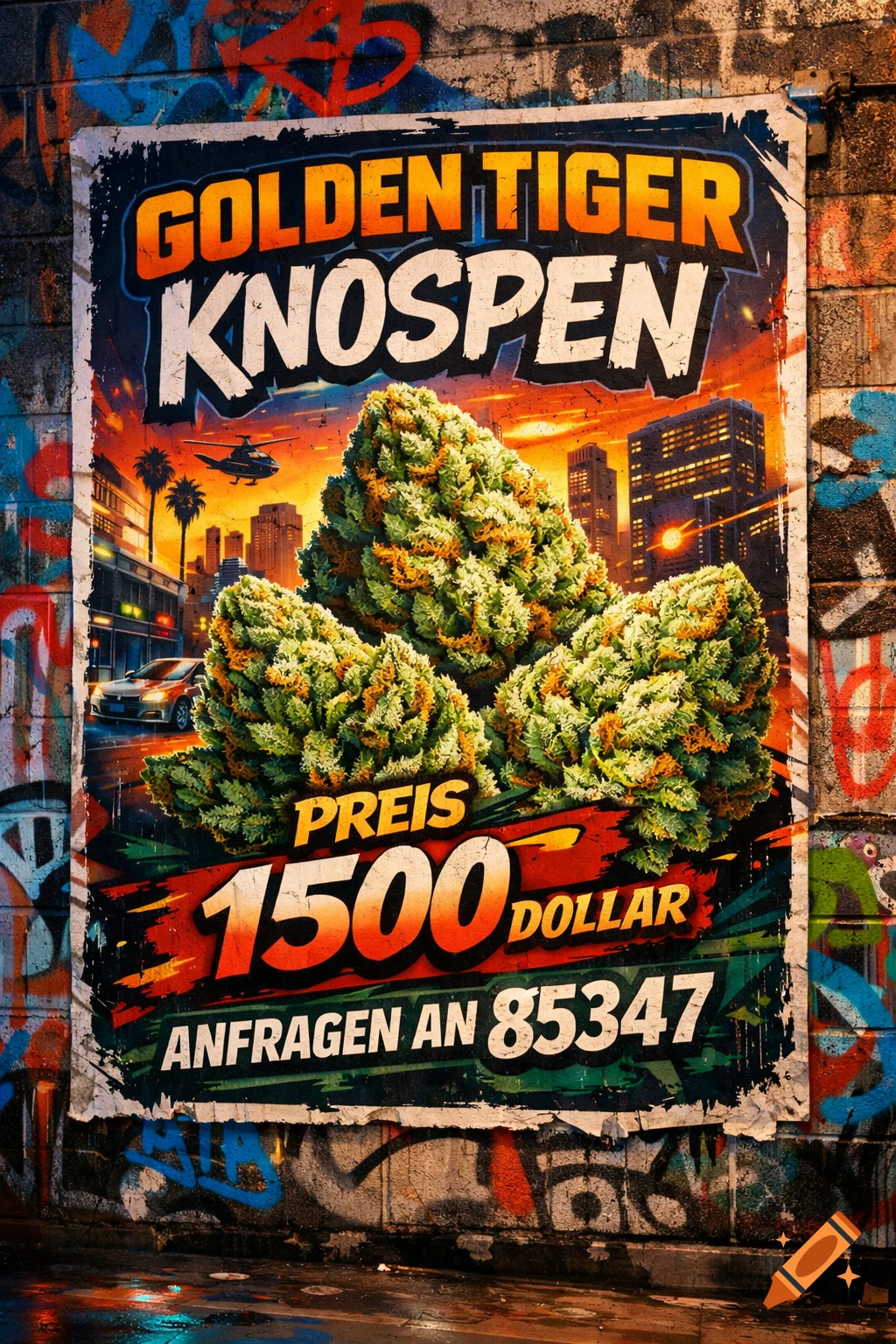 A gritty, GTA V-style poster on a graffiti-covered wall, advertising 'Golden Tiger Knospen' (weed buds) for $1500 with a city skyline background.