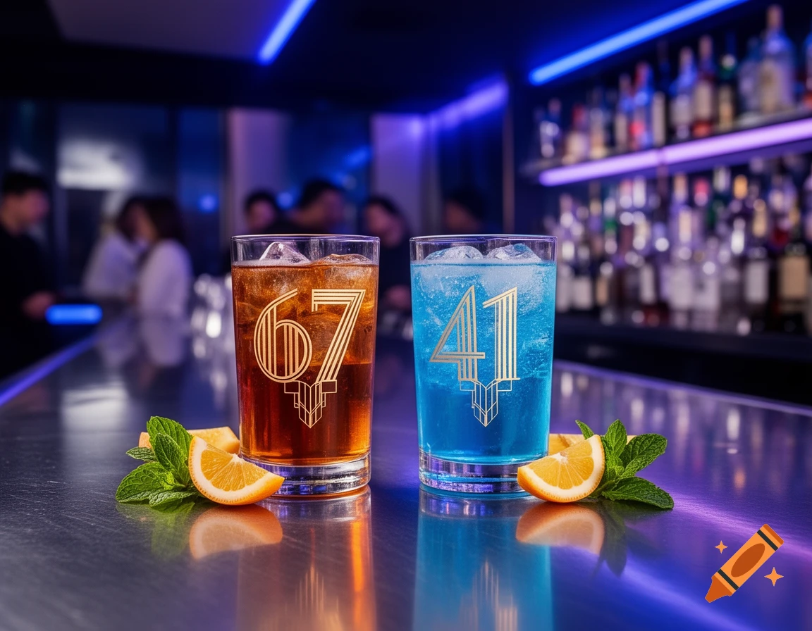 Two cocktails, one amber with '67' and one blue with '41', garnished with orange and mint on a bar counter in a neon-lit bar.