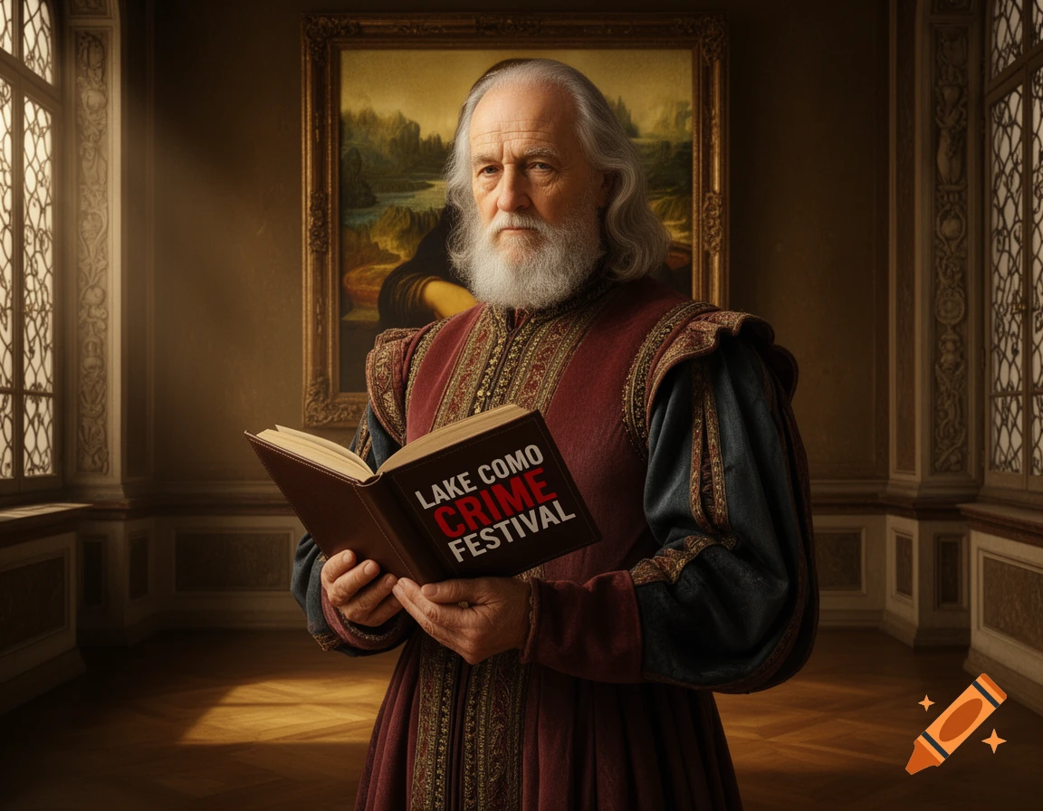 A photorealistic portrait of an old bearded man in Renaissance attire holding a book titled "LAKE COMO CRIME FESTIVAL" in a grand room with the Mona Lisa painting in the background.