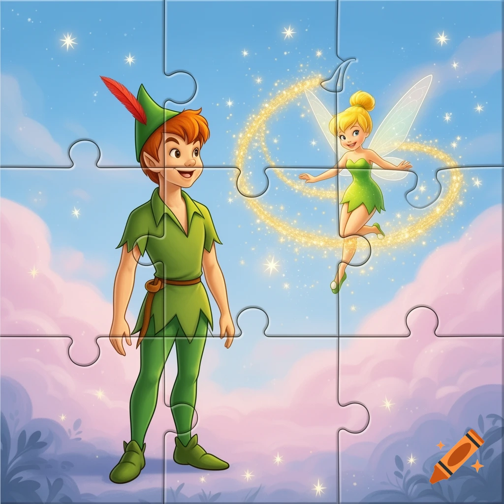 Cartoon illustration of Peter Pan and Tinkerbell as a puzzle against a blue and pink sky.
