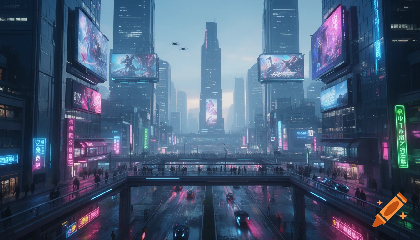 A futuristic cyberpunk city at dusk with neon-lit skyscrapers, busy ...