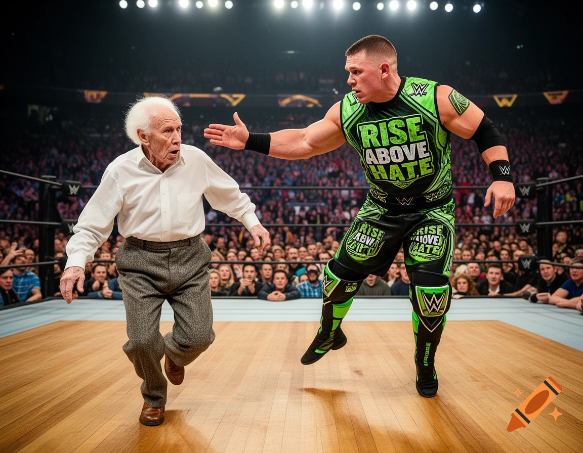 A photorealistic image of John Cena in his green 'Rise Above Hate' attire facing an old man in a white shirt and gray pants in a wrestling ring.
