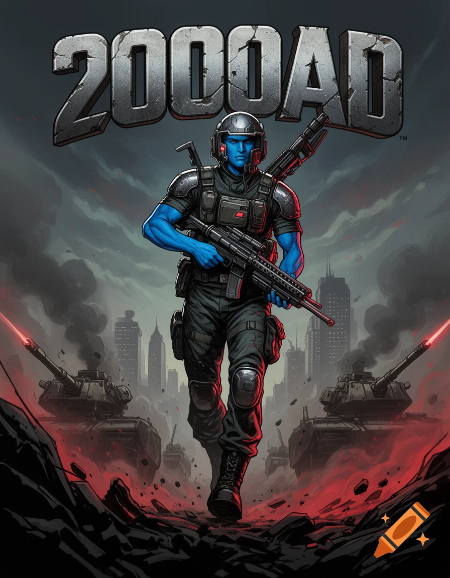 A blue-skinned soldier in tactical gear holding an assault rifle, walking through a war-torn city with tanks, in a comic book art style. Text "2000AD" at top.