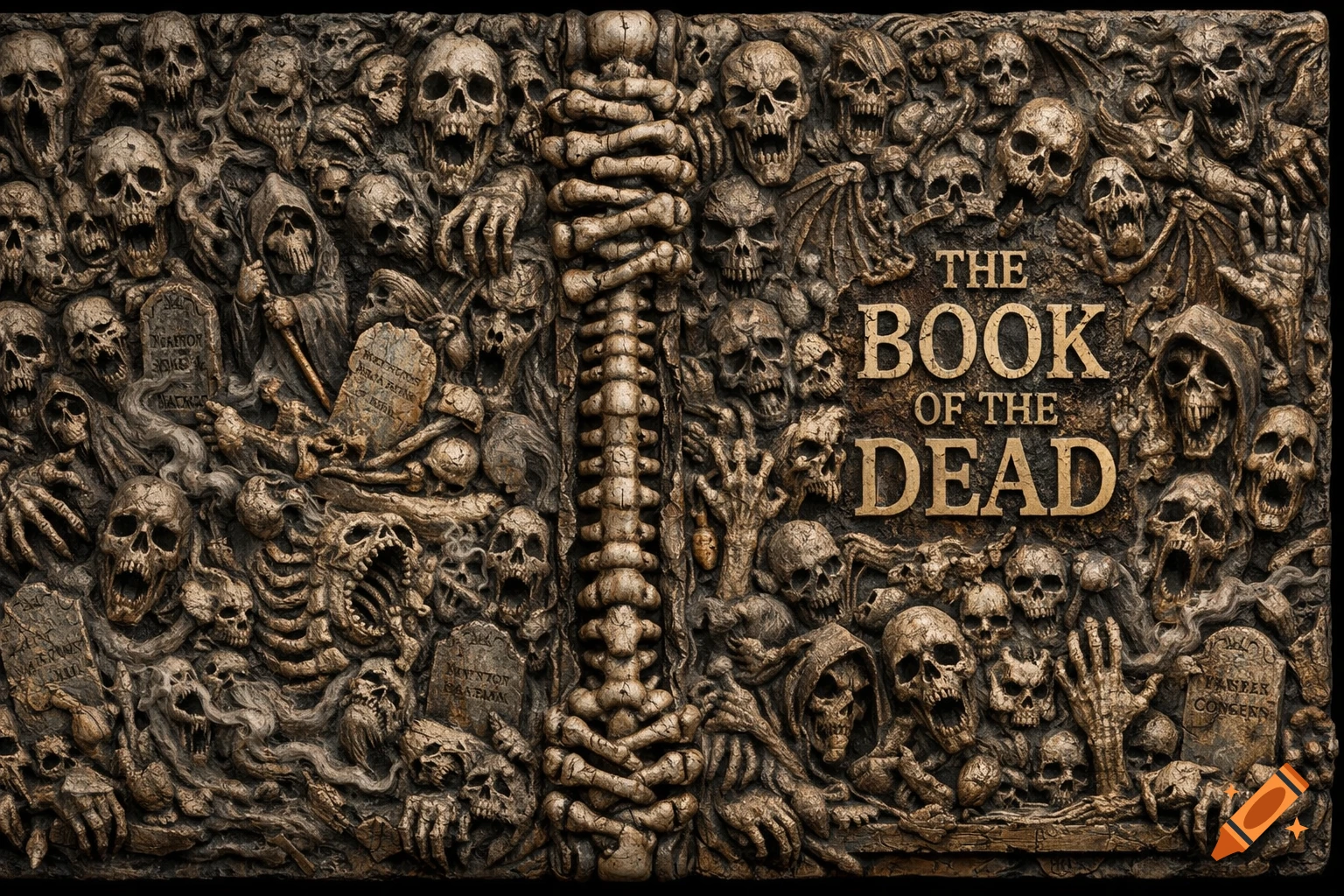 Photorealistic 3D rendered book cover for 'The Book of the Dead', made of a dense mosaic of screaming skulls, skeletons, and grim figures.