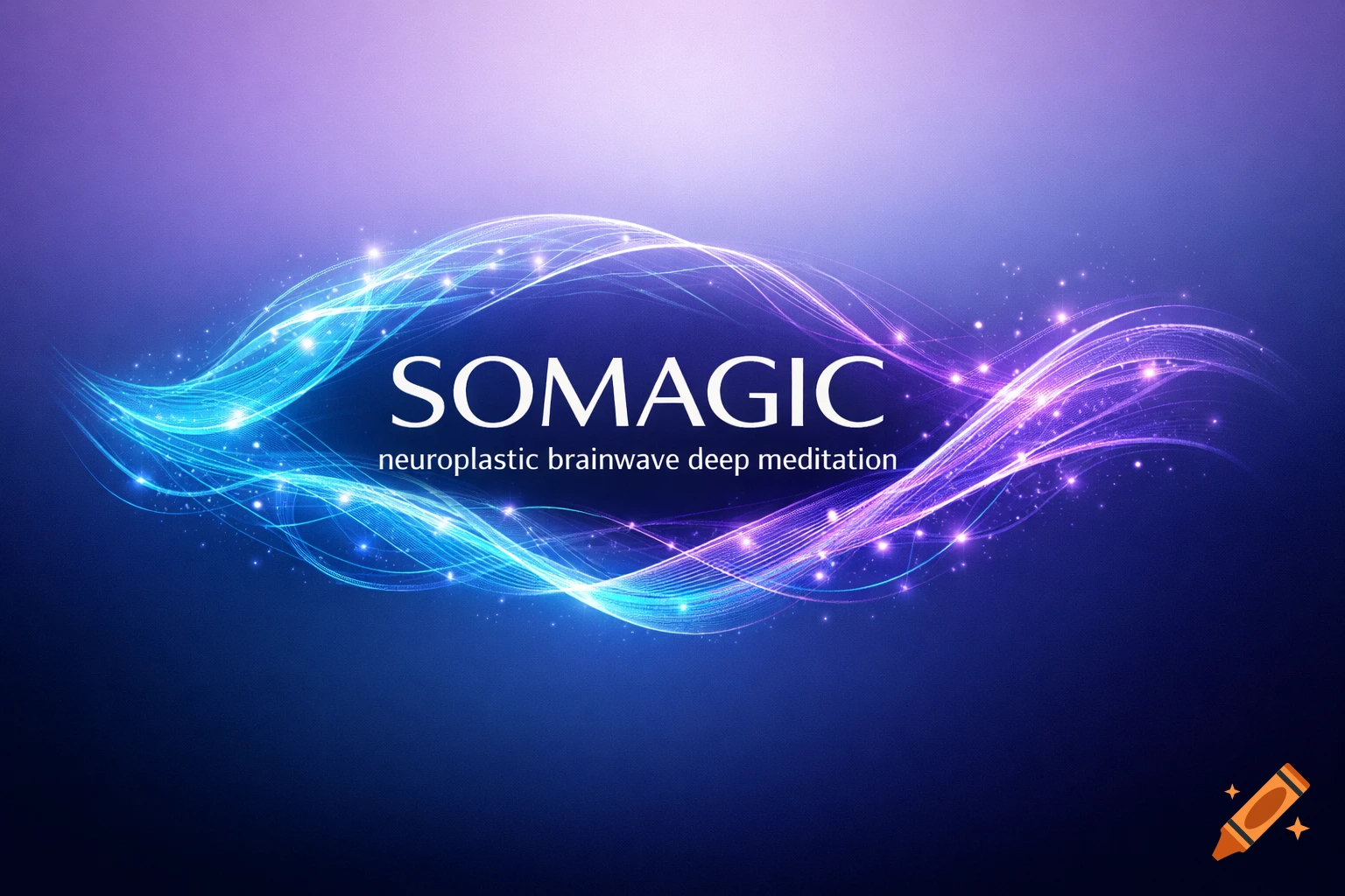 Abstract logo with glowing blue and purple light waves and sparkling particles, featuring text 'SOMAGIC neuroplastic brainwave deep meditation'.