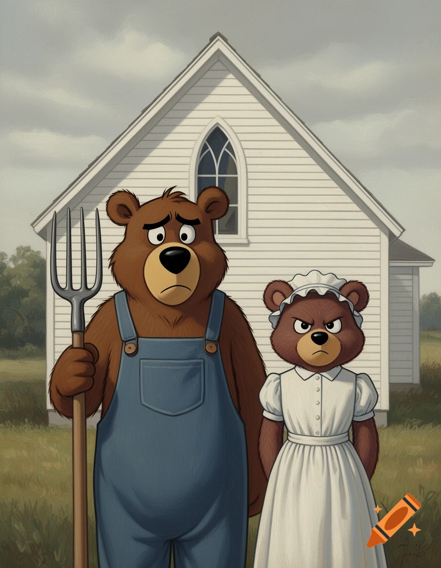 A cartoon bear couple dressed as farmers, one with a pitchfork, stand in front of a white church in a parody of American Gothic.