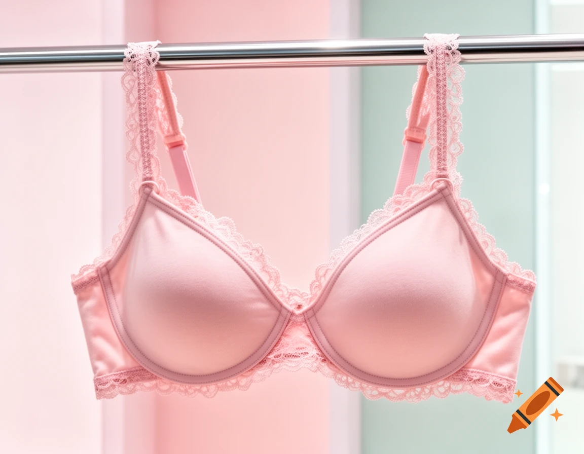 A pink lace-trimmed bra hangs on a metal rod against a soft pink and green background.
