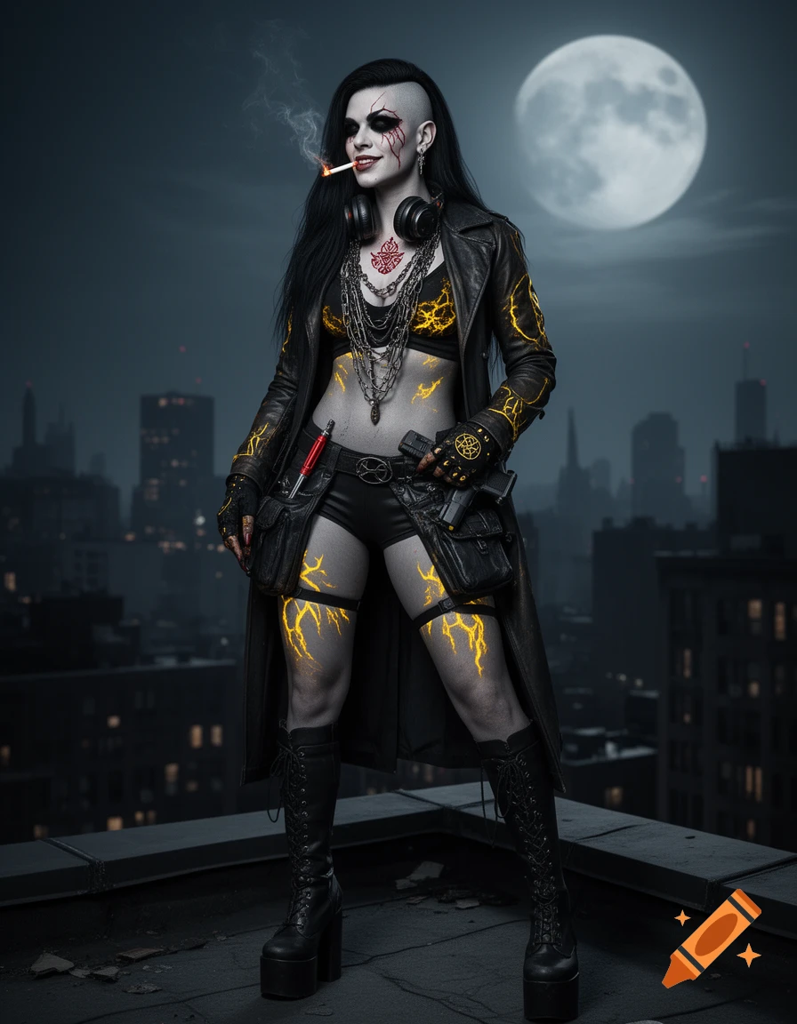 A goth-punk woman with glowing yellow markings stands on a city rooftop at night, smoking a cigarette, with a full moon in the background.