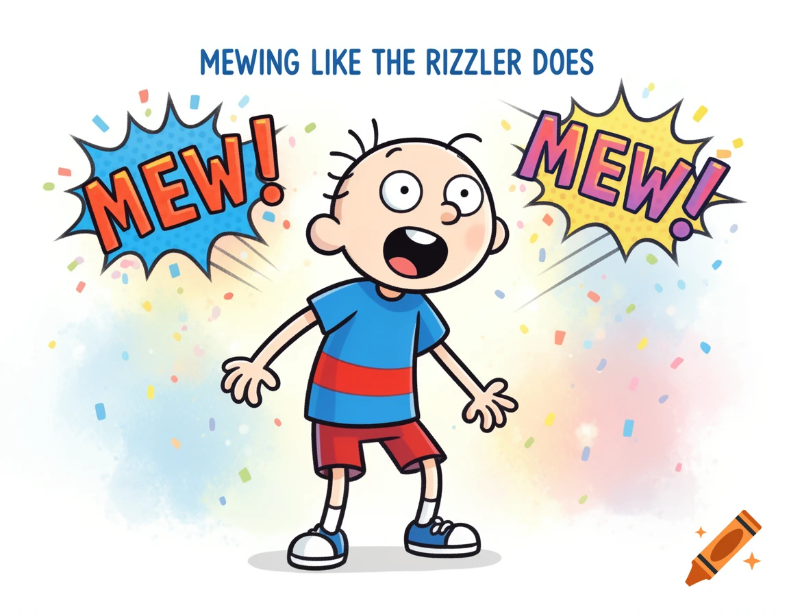 Cartoon boy resembling Rowley Jefferson looking surprised, with 'MEW!' speech bubbles and 'MEWING LIKE THE RIZZLER DOES' text, surrounded by confetti.