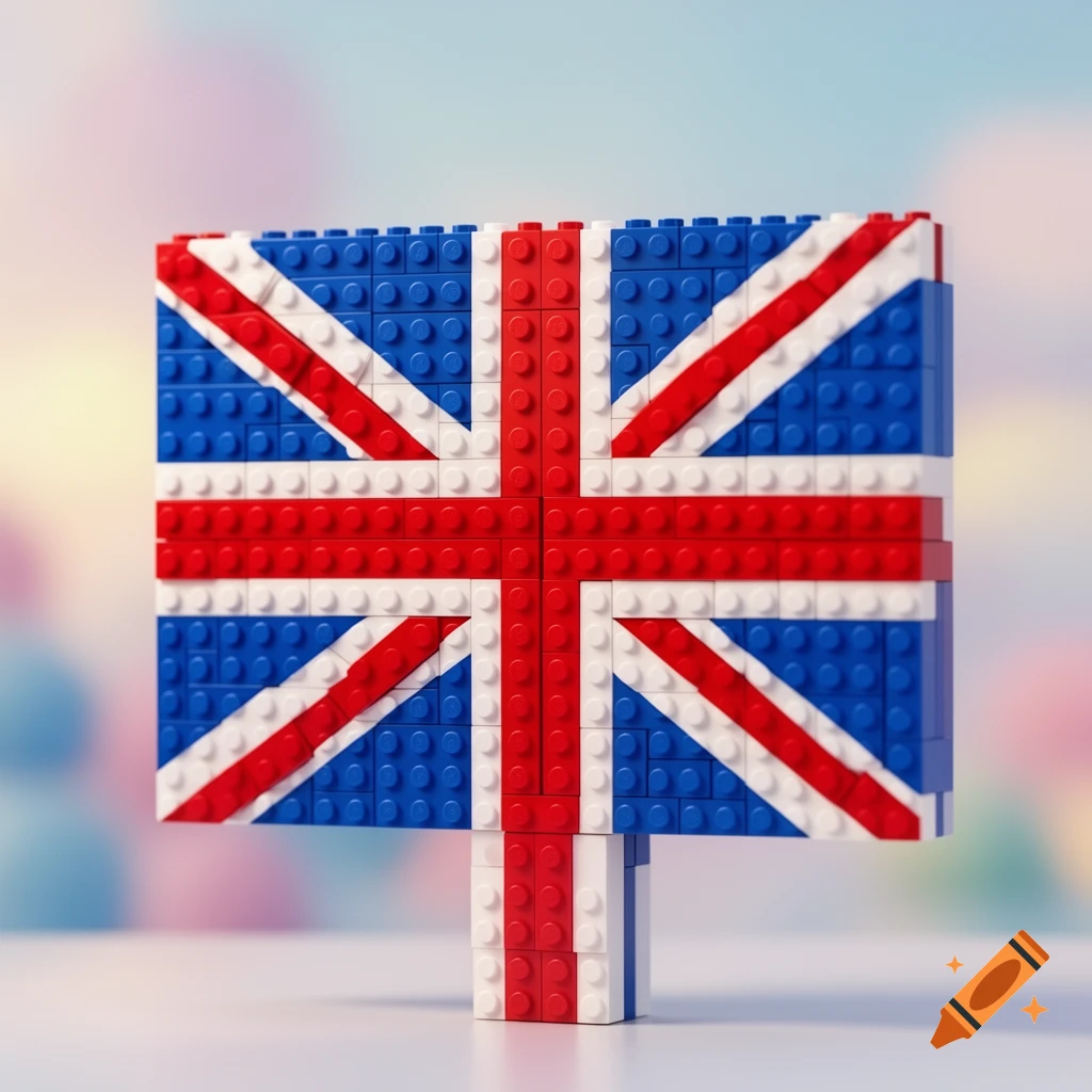 A British flag made entirely of red, white, and blue Lego bricks, standing upright against a blurry, pastel background.