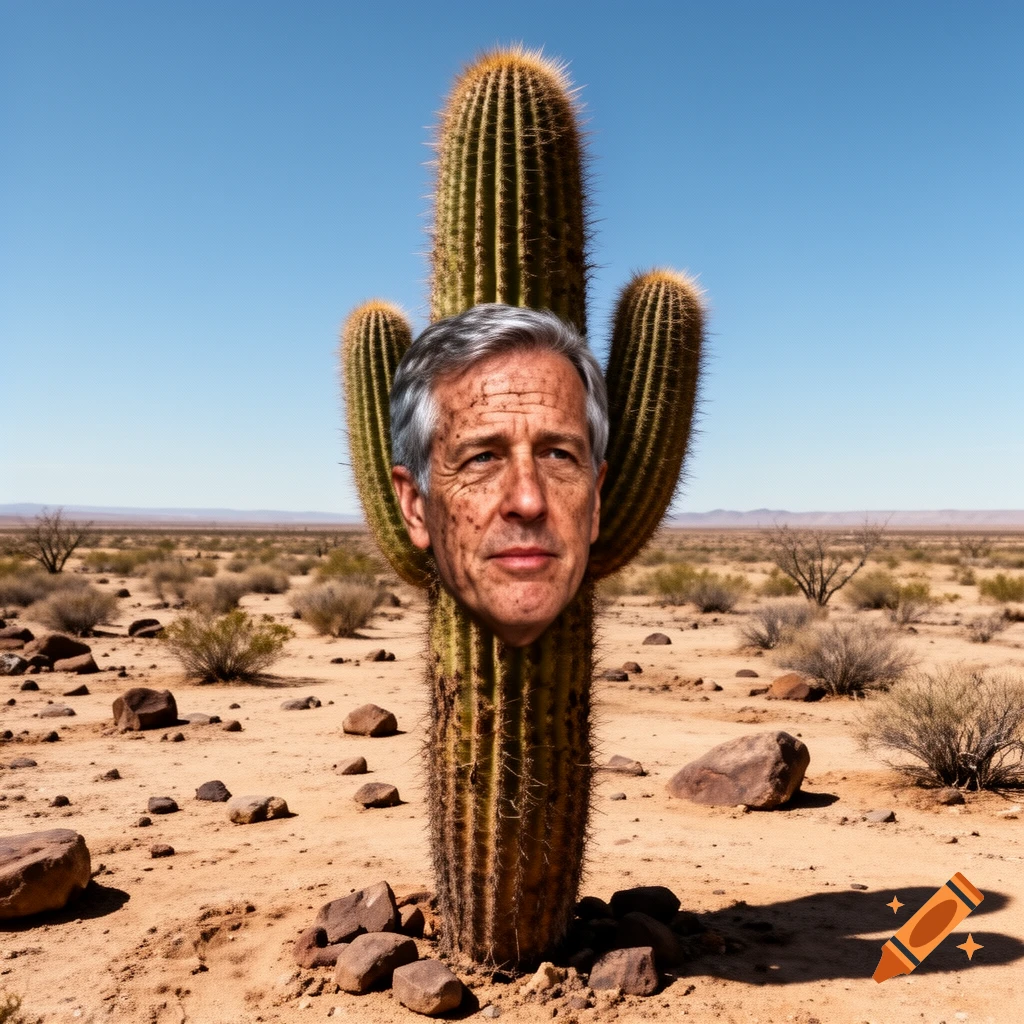 A man's face emerges from the side of a tall saguaro cactus in a vast, sunny desert landscape.