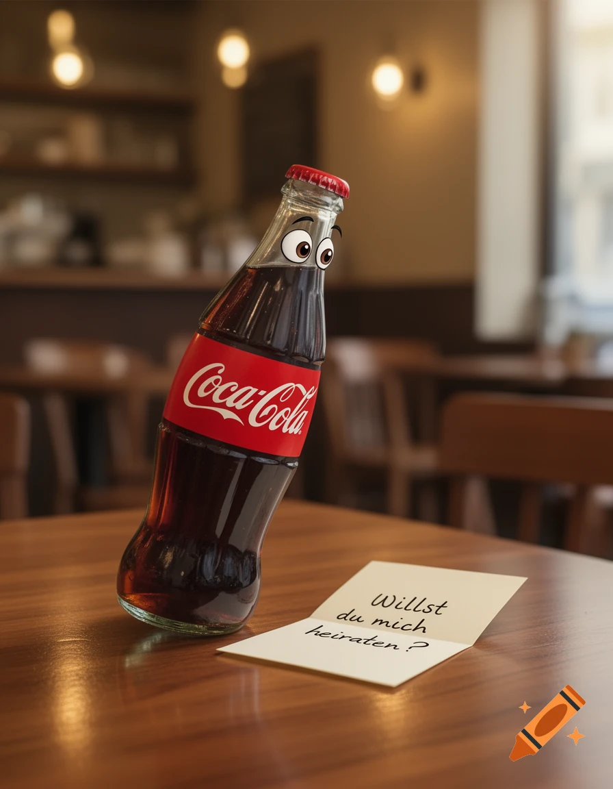 A Coca-Cola bottle with cartoon eyes on a wooden table looks at an open note reading 'Willst du mich heiraten?' in a cafe.