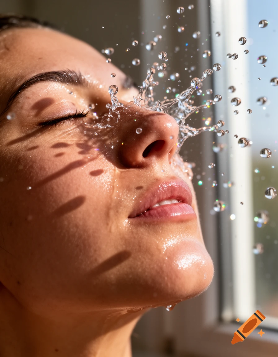 Close-up of a person's face with eyes closed, water splashing across their nose and cheeks, sunlight casting shadows.