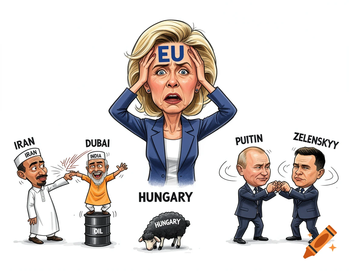 Political caricature showing Ursula von der Leyen with 'EU' on her head, holding her head in distress. Below her is a black sheep labeled 'HUNGARY'. To the left, a man labeled 'IRAN' slaps a man labeled 'DUBAI', next to an 'INDIA' man dancing on an 'OIL' barrel. To the right, caricatures of 'PUITIN' and 'ZELENSKYY' face each other looking dizzy.