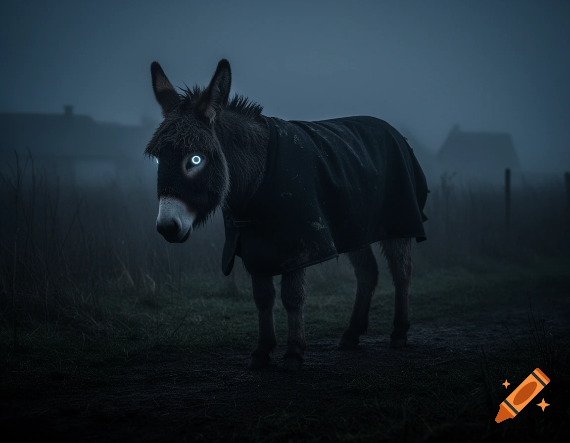 A photorealistic image of a donkey wearing a dark blanket, with glowing blue-white eyes, standing in a dark, foggy field.