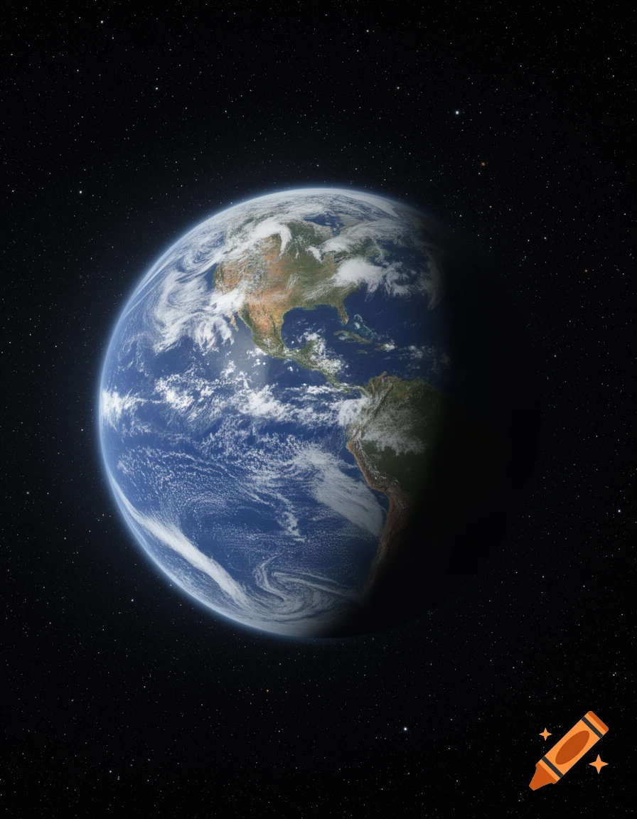 A vibrant view of Earth from space, showing North and South America and swirling clouds, with a dark starry background.