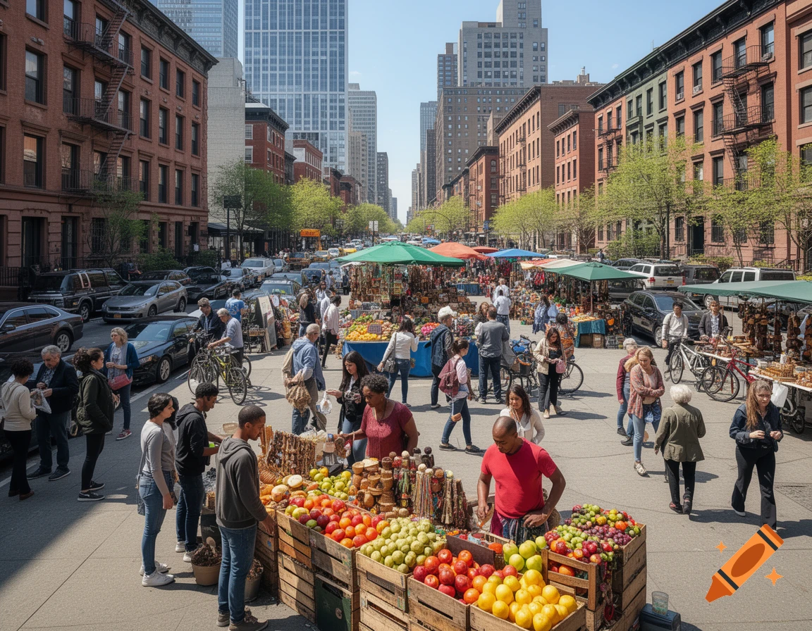 A bustling city street market with vendors selling fresh produce and goods under colorful awnings, flanked by tall brick buildings.