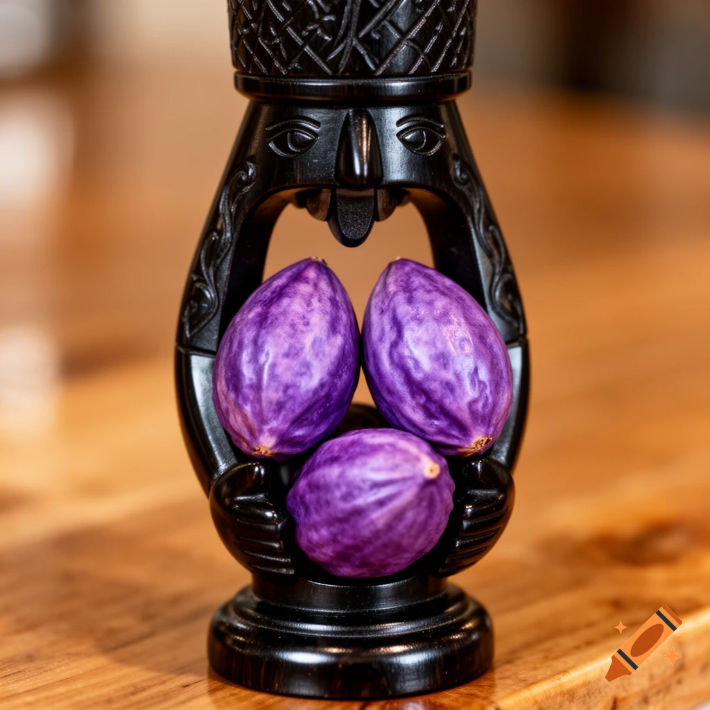 A black, carved nutcracker holds three vibrant purple nuts on a wooden surface in a close-up, photorealistic shot.