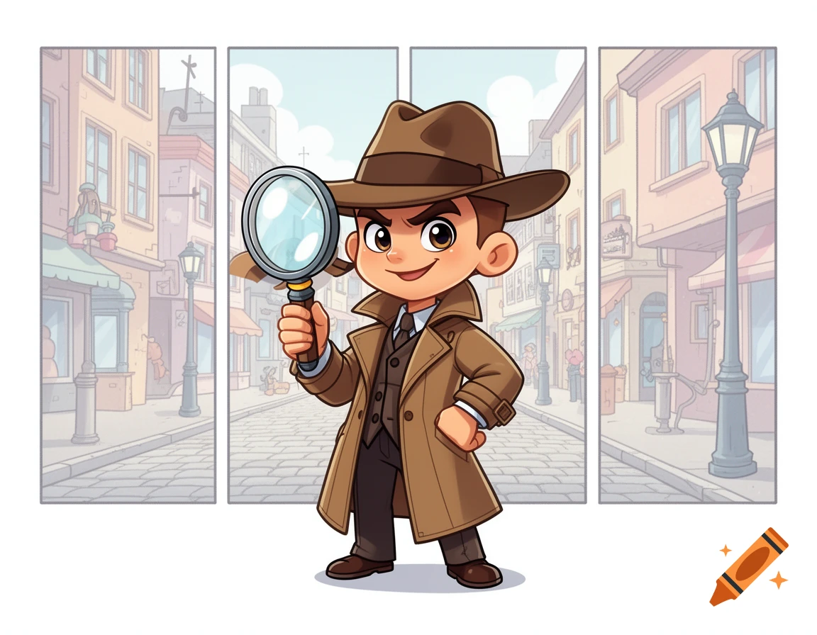 A cute animated cartoon detective in a trench coat and fedora, holding a magnifying glass, stands in a stylized city street.