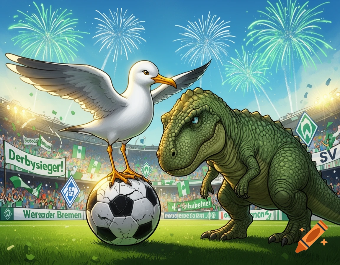 A cartoon seagull stands on a soccer ball next to a green dinosaur in a stadium, with fireworks in the sky. Banners display "Derbysieger!" and "Werder Bremen".