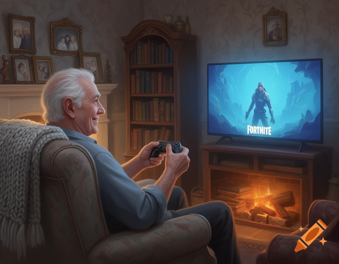 Elderly man smiles, playing Fortnite on a large TV in a cozy living room with a fireplace and bookshelf, photorealistic.