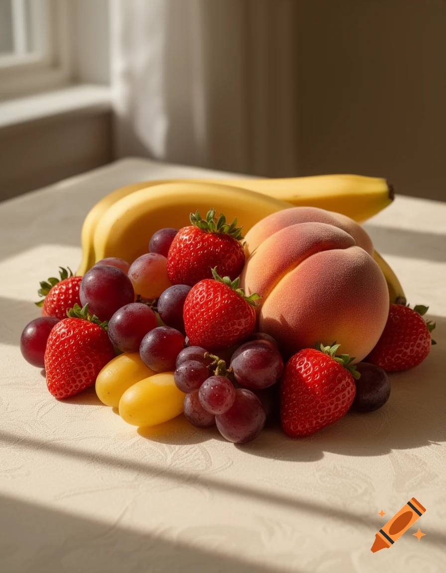 A photorealistic still life of fresh fruits including bananas, peaches, strawberries, and grapes on a table bathed in natural sunlight.