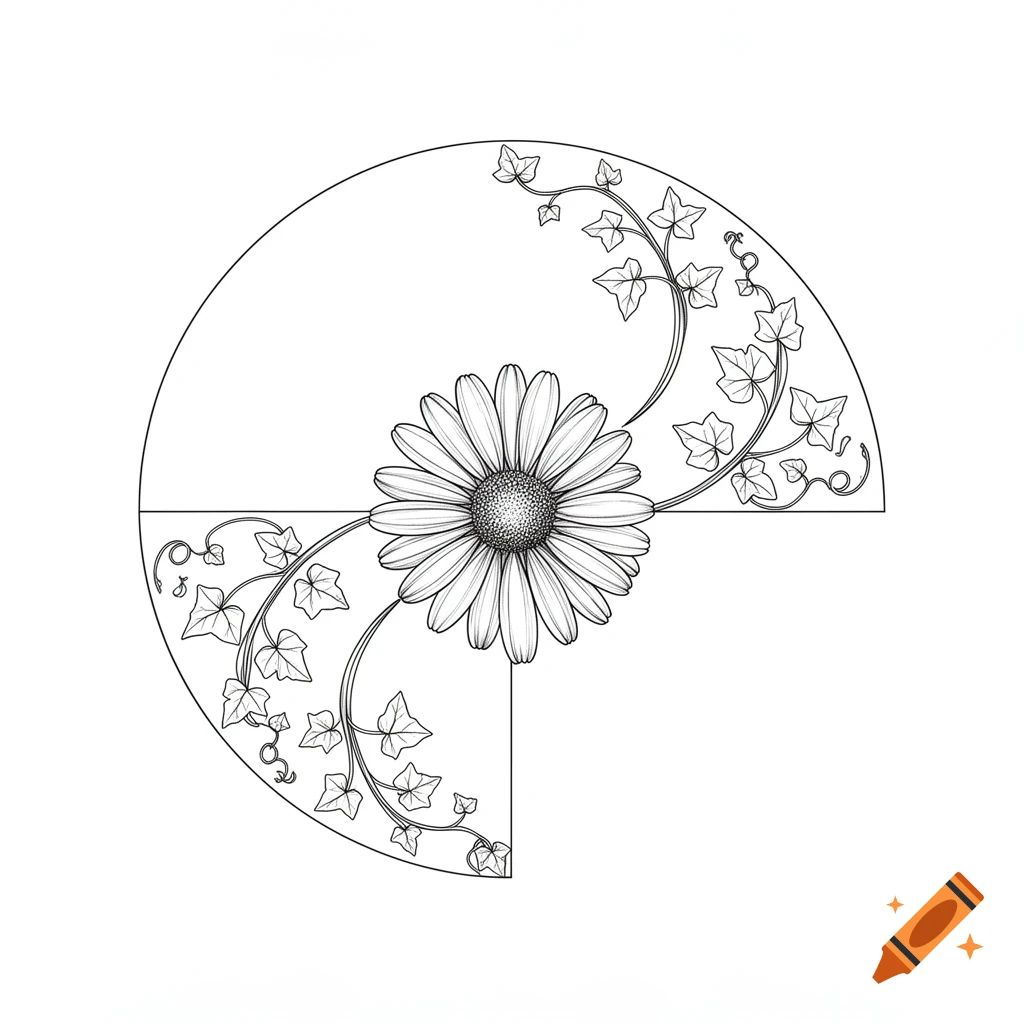 Line art drawing of a daisy surrounded by ivy vines within a quarter circle.
