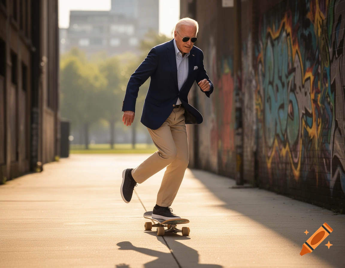 Photorealistic image of Joe Biden in a suit and sunglasses riding a skateboard down an alley with graffiti.