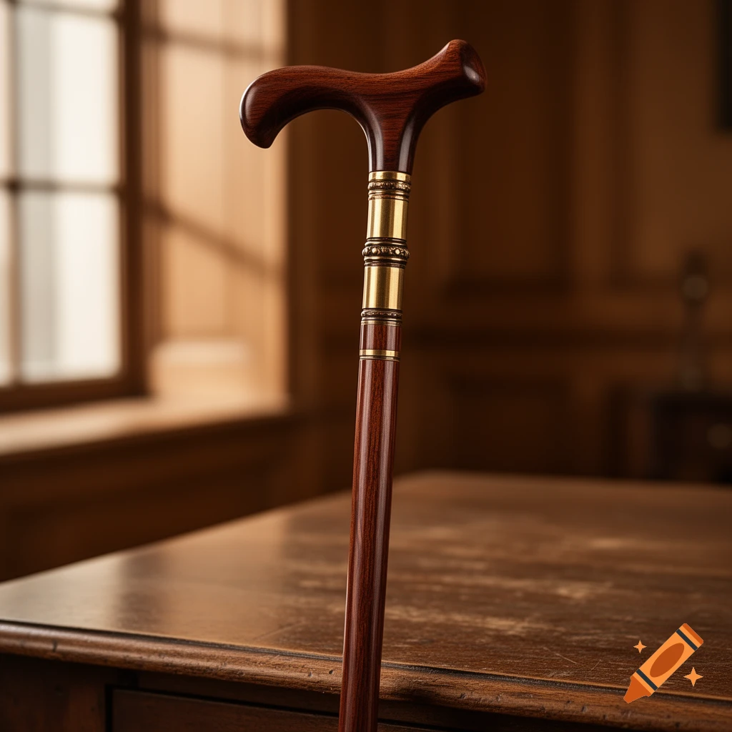 A polished dark wooden walking stick with brass accents leans against a wooden table in a well-lit room, photorealistic.