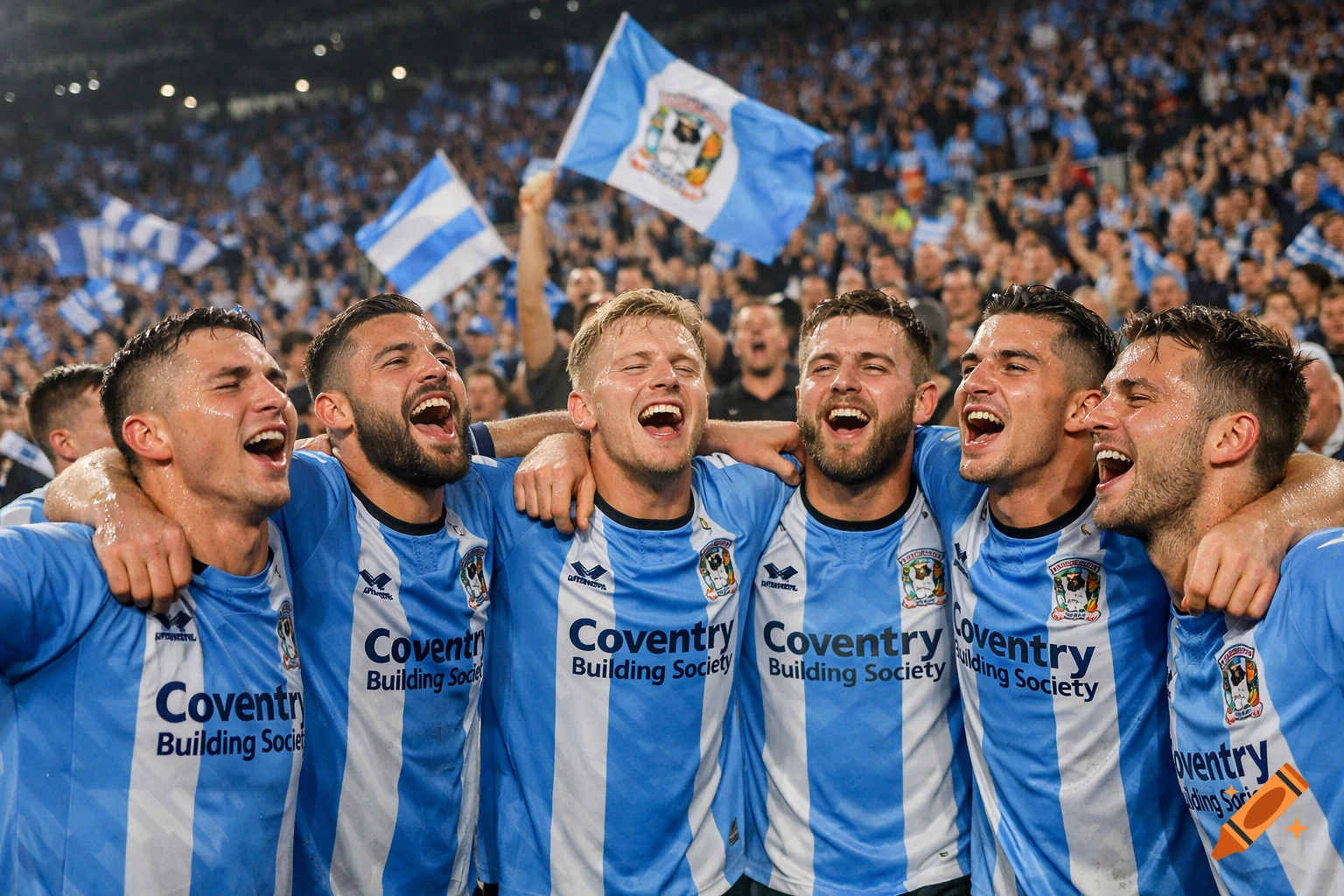 Six male football players in light blue and white striped jerseys celebrate on a field, arms around each other, with cheering fans in the background.