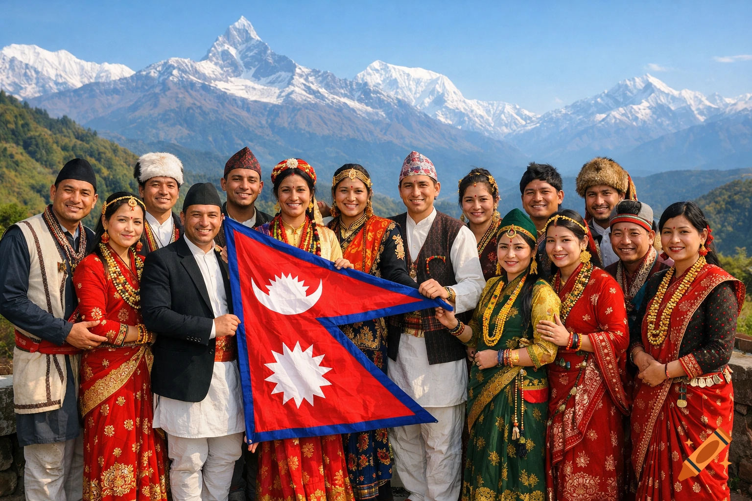 A group of smiling Nepalese men and women in colorful traditional clothing hold the Nepal flag in front of snow-capped mountains.