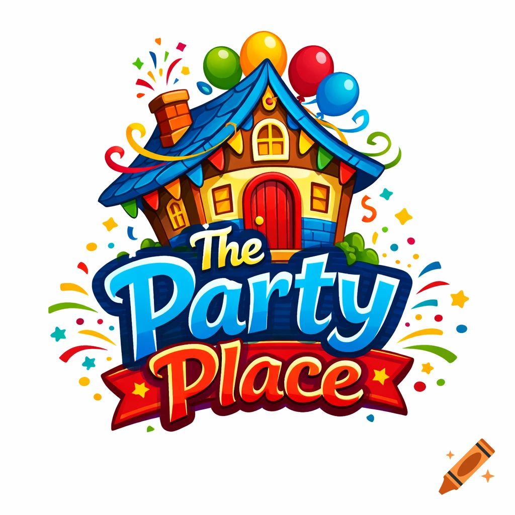 A colorful cartoon logo featuring a whimsical house with balloons and confetti, with the text 'The Party Place'.