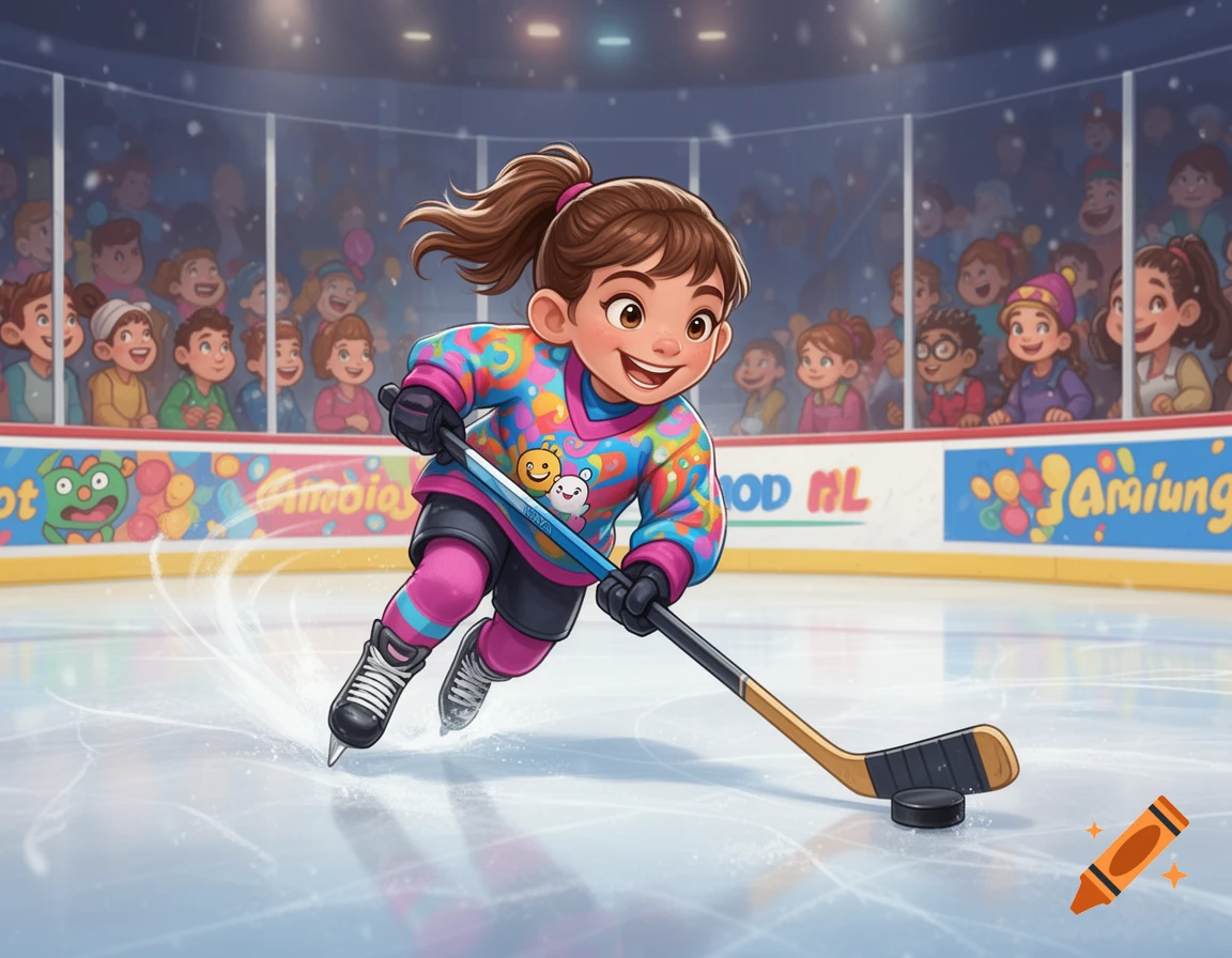 Cartoon young girl with a ponytail in colorful gear plays hockey on an ice rink with spectators in the background.