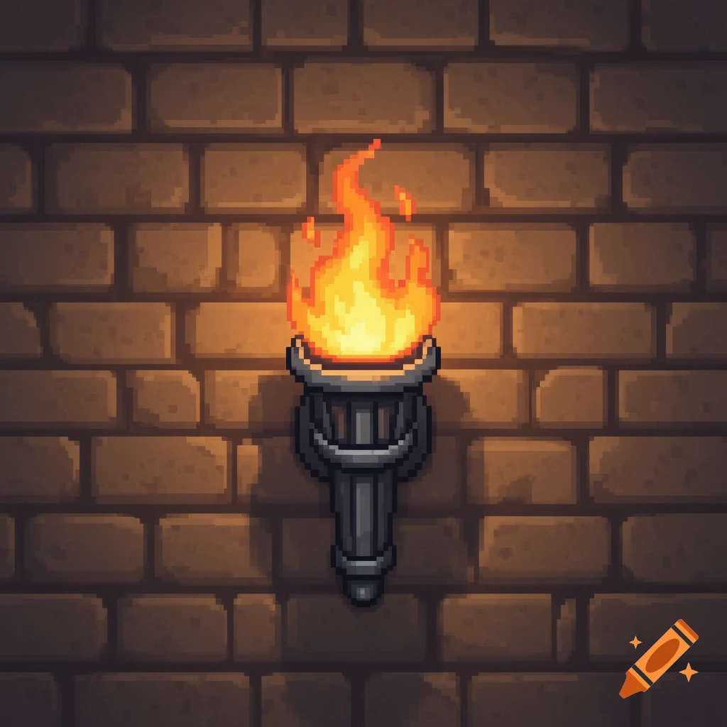 Pixel art of a burning torch mounted on a brick wall.