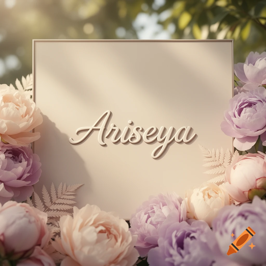 The name 'Ariseya' elegantly displayed on a square frame, surrounded by soft pink and purple peonies and green leaves with dappled sunlight.