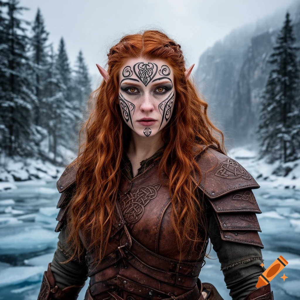 Red-haired female elf warrior with black war paint and leather armor stands in a snowy forest with an icy river, photorealistic.