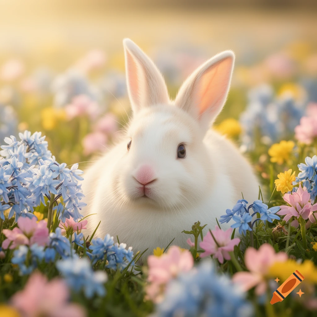 A fluffy white bunny with pink ears and nose sits among vibrant blue, pink, and yellow flowers in a sunny field.