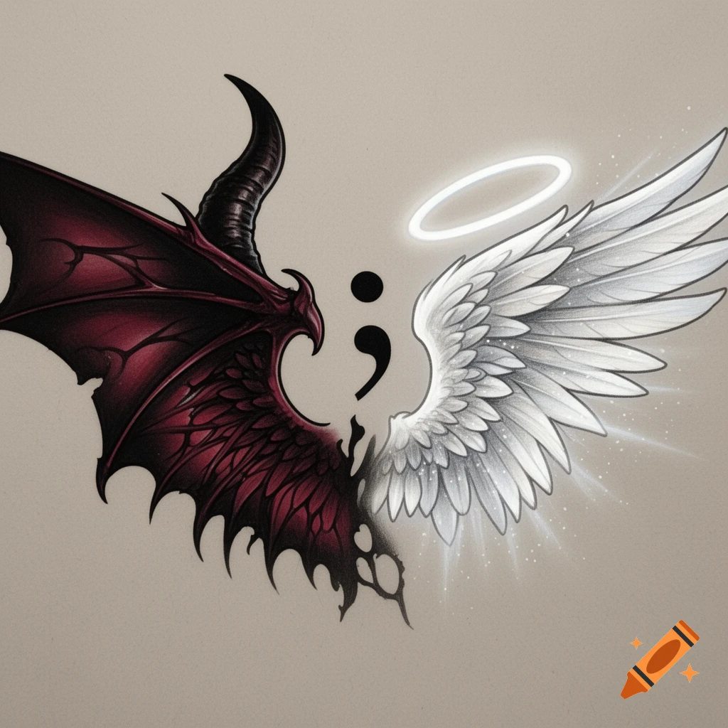 A tattoo design featuring a red devil's wing and horn on the left, a white angel's wing and halo on the right, with a black semicolon in the center.