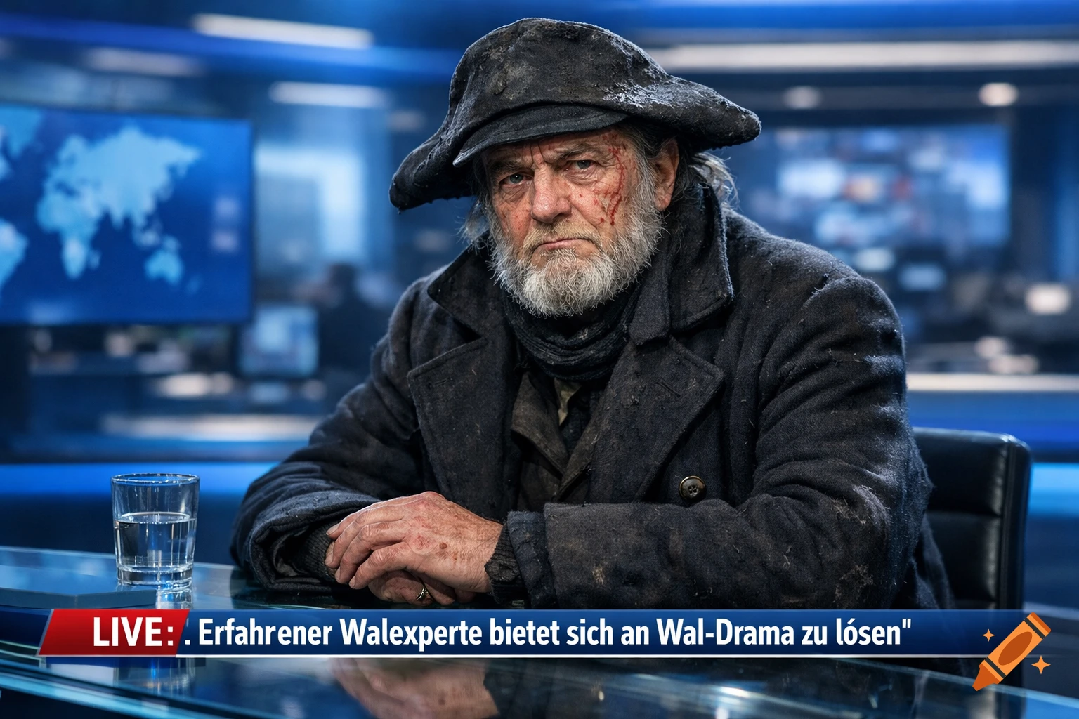 Photorealistic image of an old, weathered man with a beard and hat sitting as an interview guest in a modern news studio with blue lighting, a glass of water on the desk, and a news ticker displaying German text.
