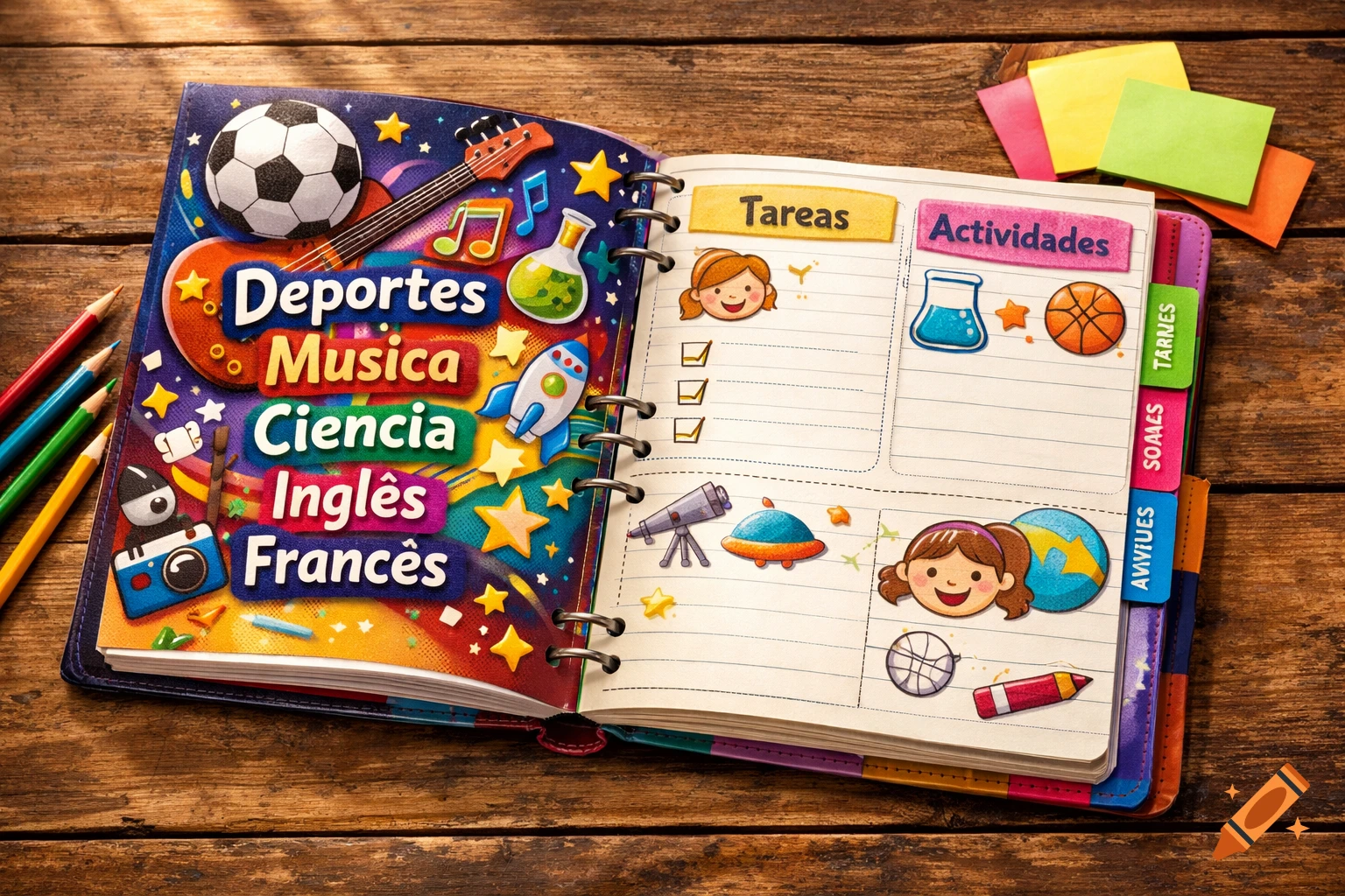 An open creative school agenda with colorful illustrations and text labels for subjects like sports, music, science, English, and French. The right page shows sections for tasks and activities.