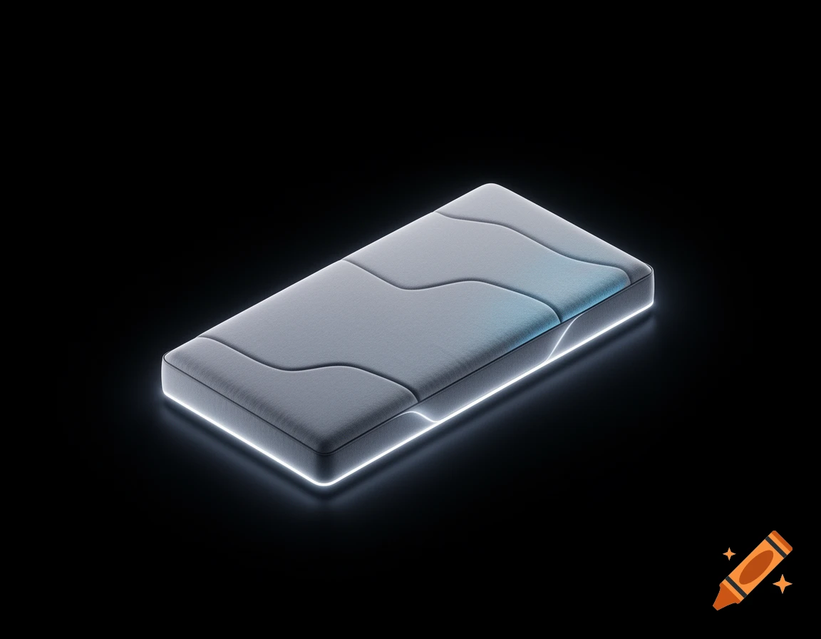 A brightly lit, glowing rectangular mattress with wavy patterns, in isometric view against a black background.