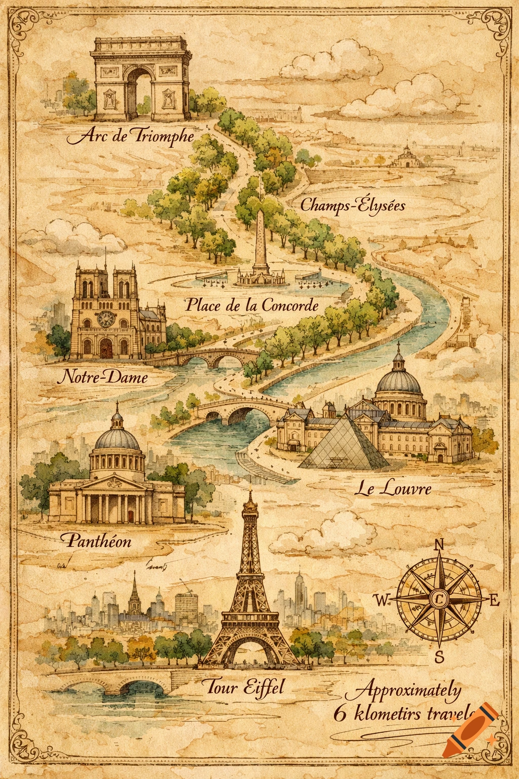 A vintage-style watercolor map of Paris landmarks, including Arc de Triomphe, Notre-Dame, Pantheon, Le Louvre, and Eiffel Tower.