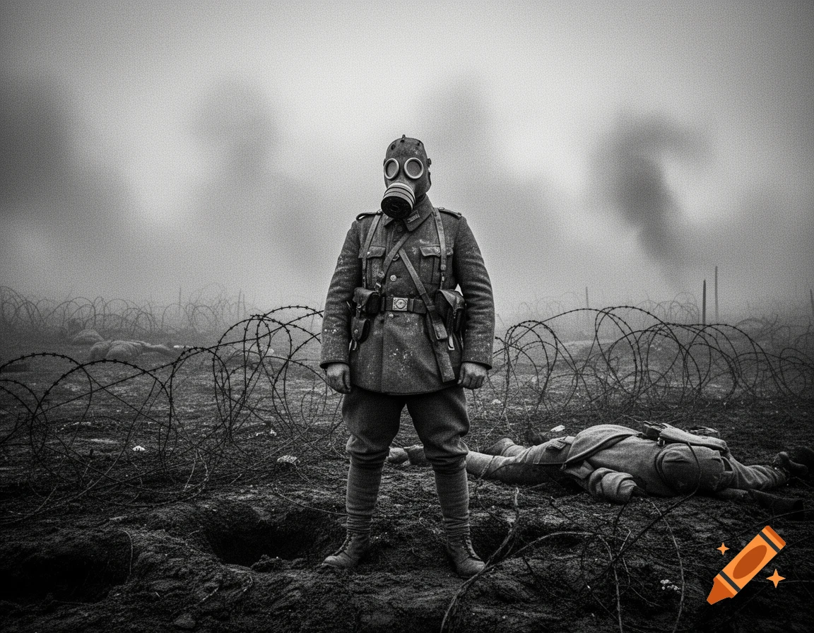 A monochrome, gritty image of a German WWI soldier in a gas mask on a muddy battlefield with barbed wire and a fallen soldier.