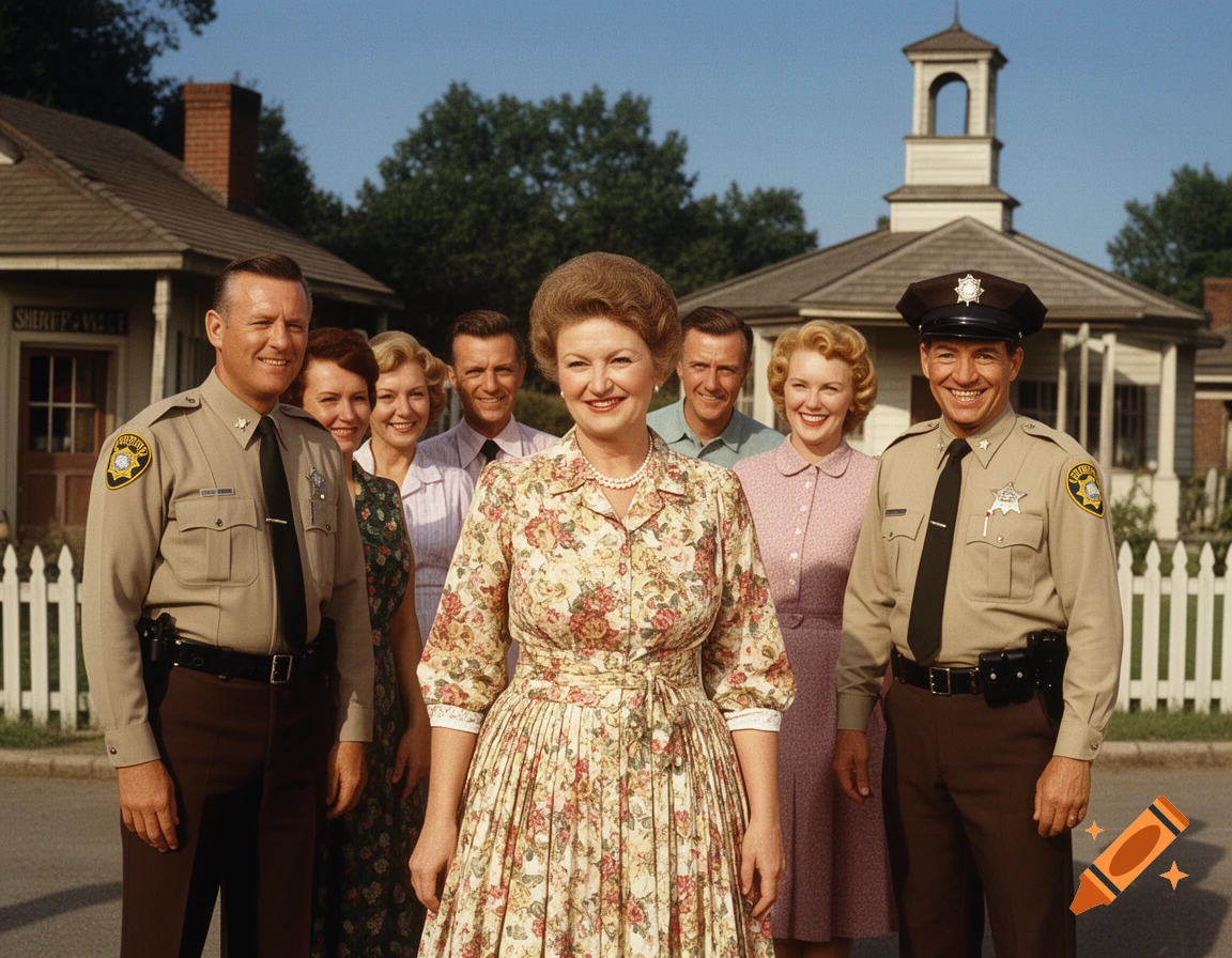A group of six smiling people, including two men in sheriff uniforms, stand in a row in a quaint small-town setting.
