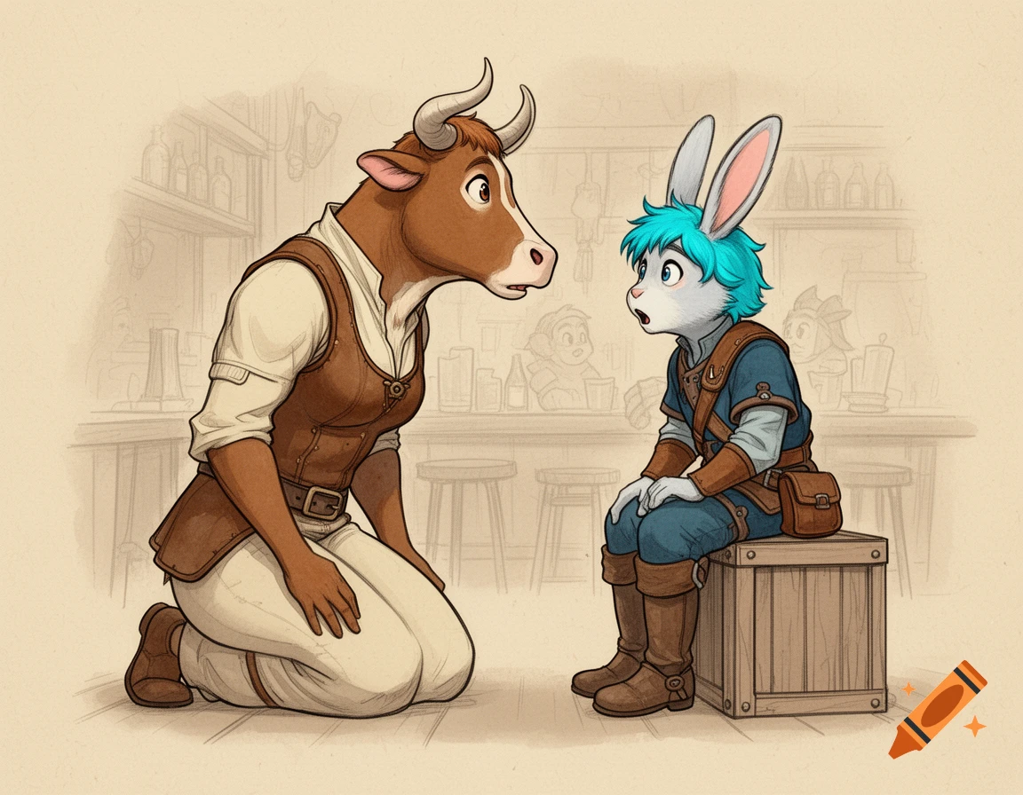 Hand-drawn sketch of a kneeling cow-woman and a rabbit-man on a crate, face-to-face with surprised expressions in a tavern.